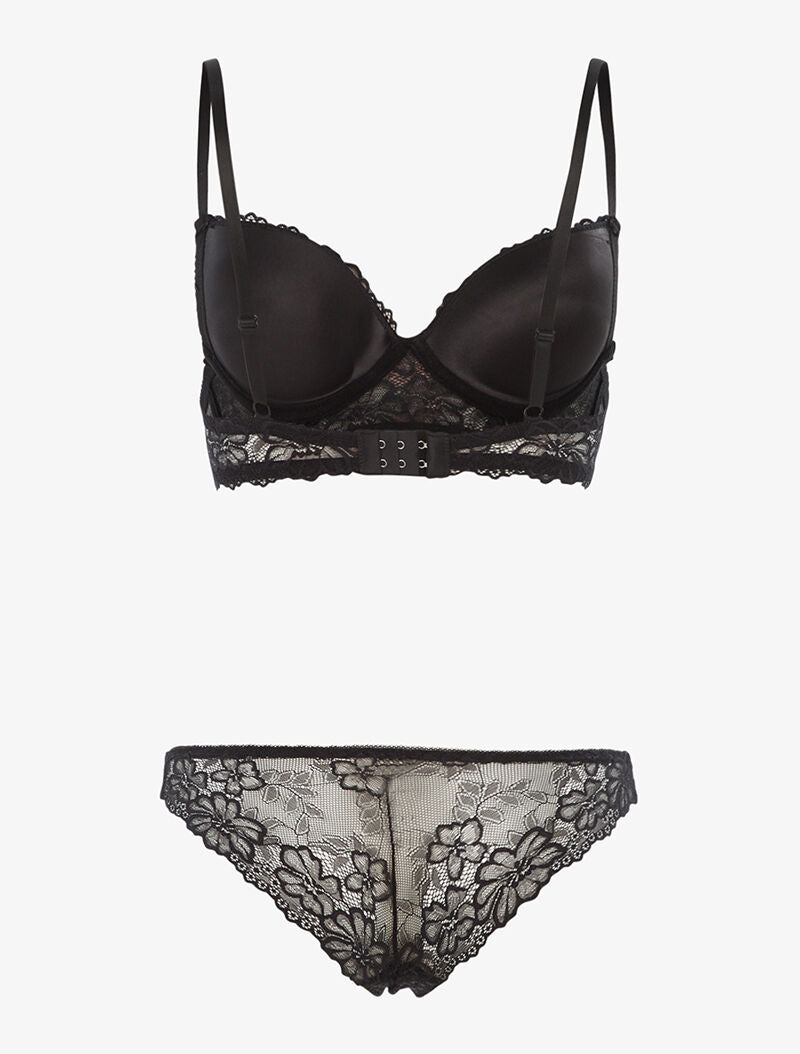 Ensemble SG et tanga empiècement fleurs brodées - noir - 2
