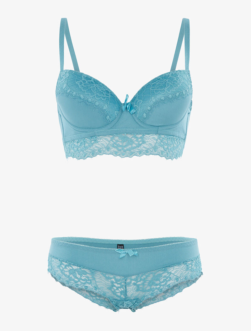 Ensemble à bordure dentelle et culotte - turquoise - 1