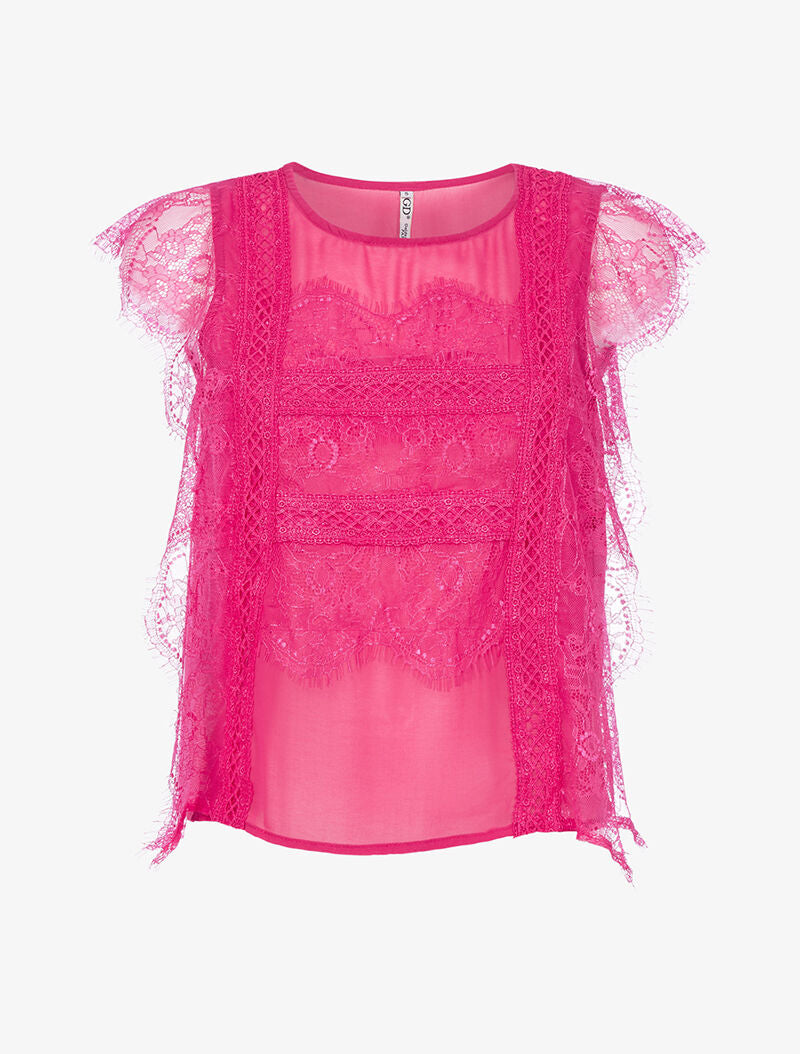 Top coupe carrée en voile et dentelle - fushia - 3