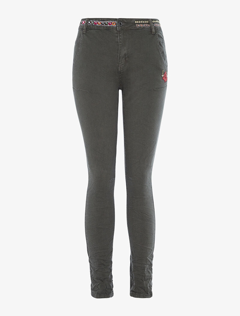 Jean taille brodée fantaisie - kaki - 1
