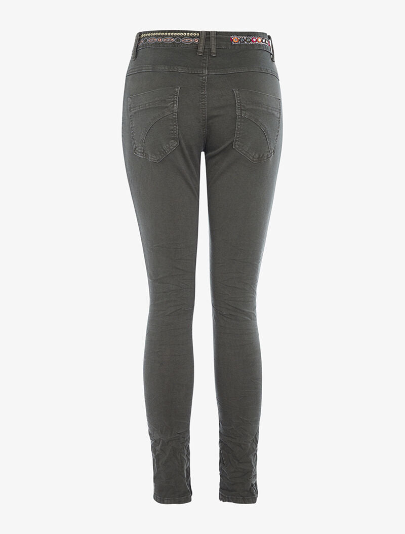 Jean taille brodée fantaisie - kaki - 2