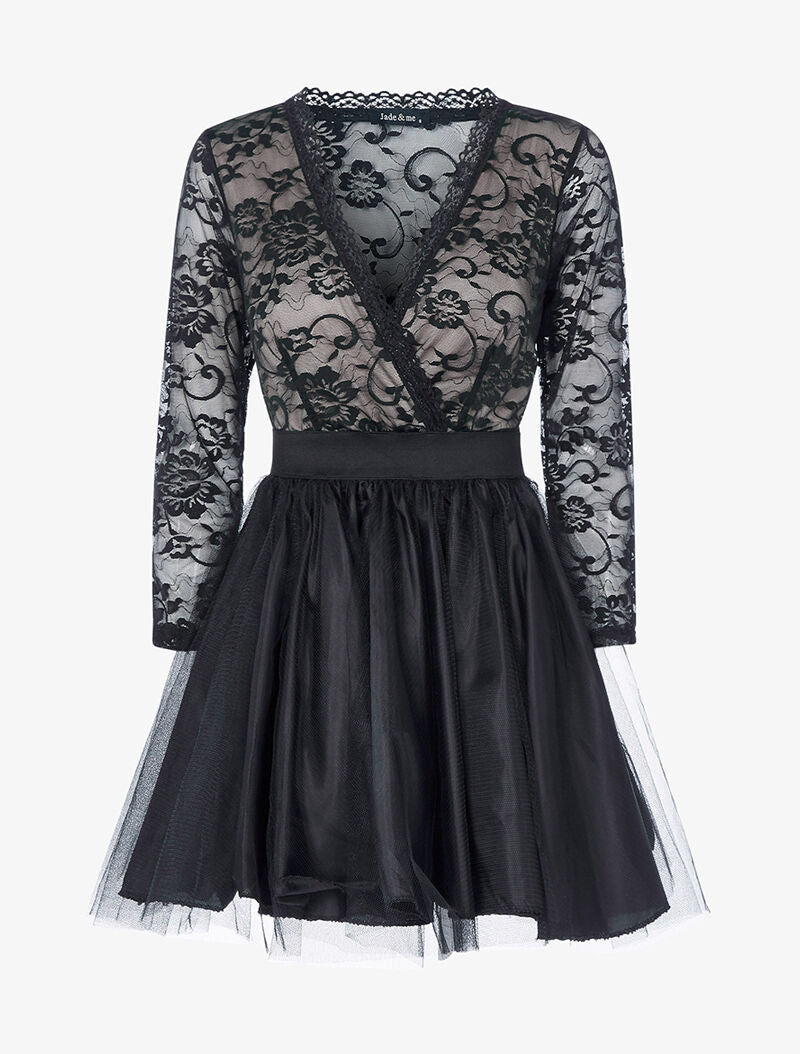 Robe de soirée à bas bouffant et buste en dentelle rose/noir