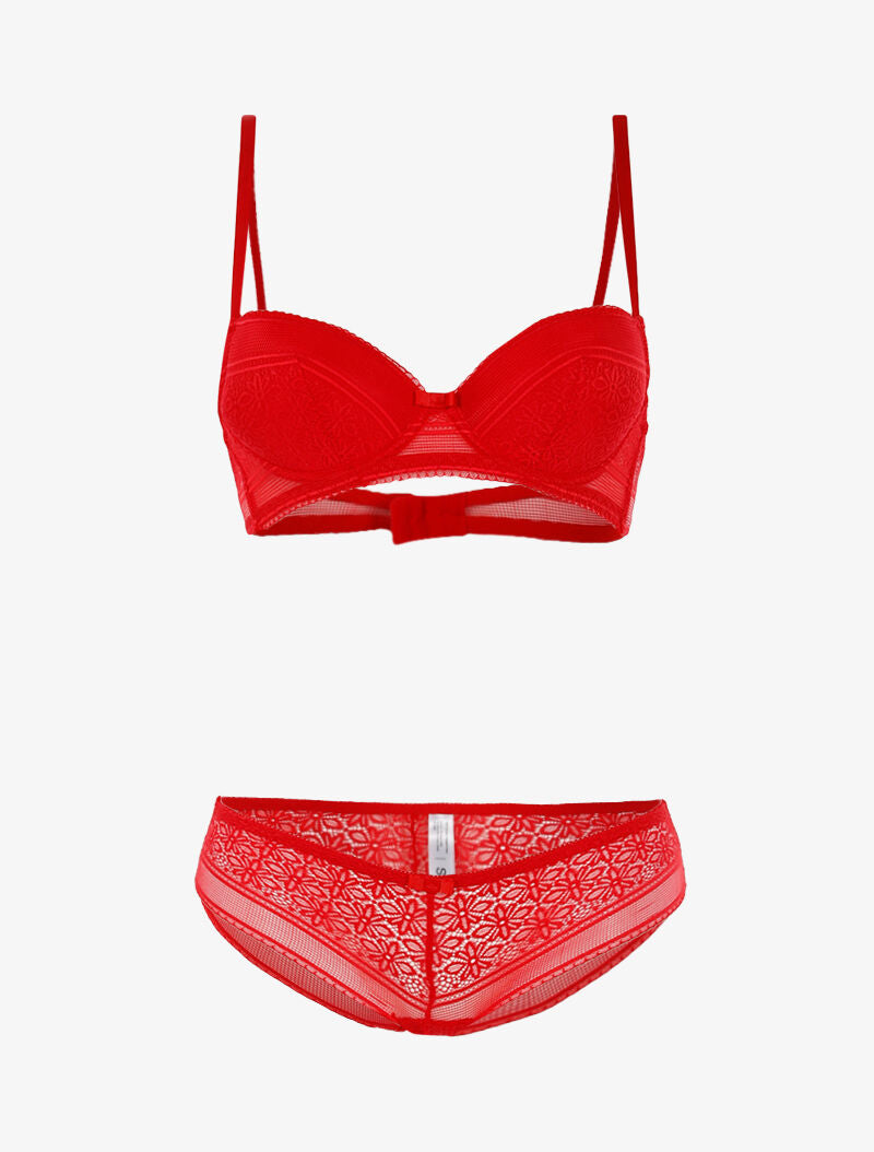 Ensemble dentelle à maille et culotte - rouge - 1