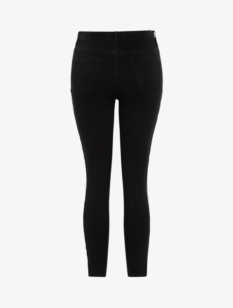 Jean 7/8 taille haute brodé ajouré - noir
