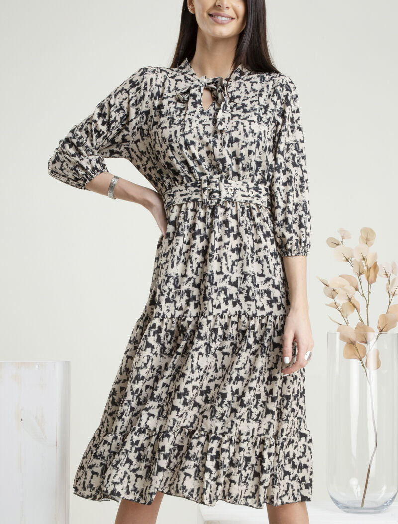 Robe mi longue à imprimé graphique - beige - 1