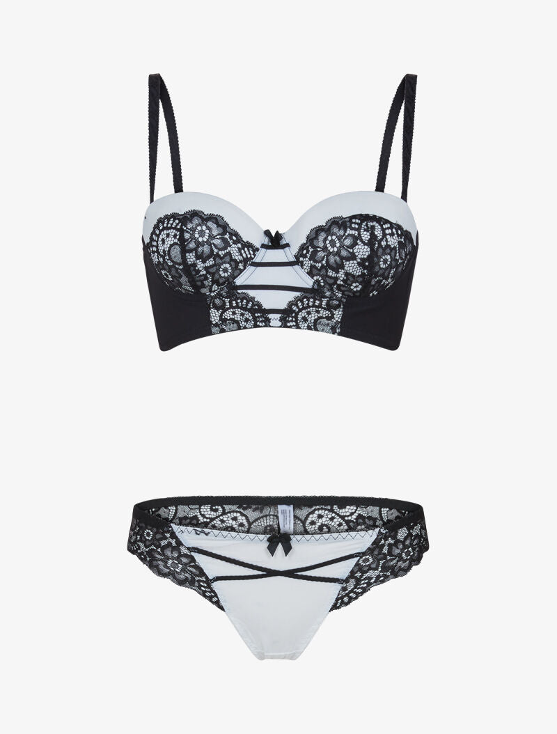 Ensemble bustier à détails dentelle - noir/blanc - 1