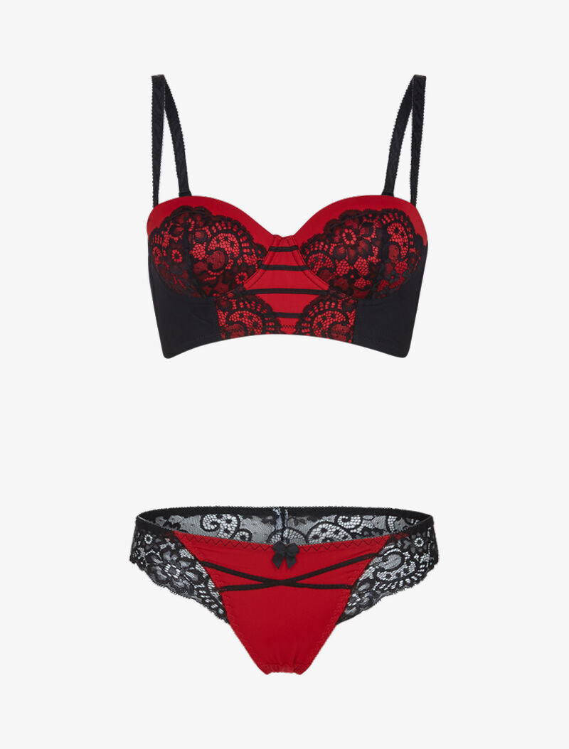 Ensemble bustier à détails dentelle - rouge/noir - 1
