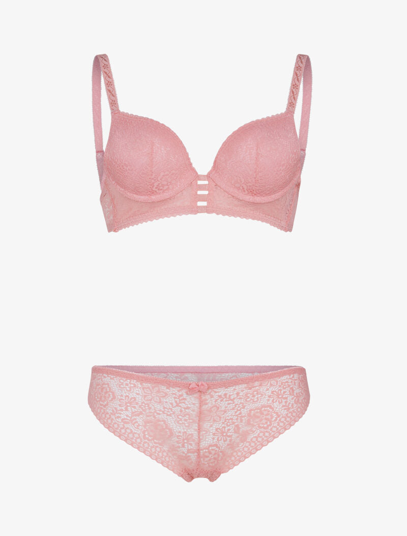 Ensemble bustier en dentelle et détails élastiqués - rose - 1