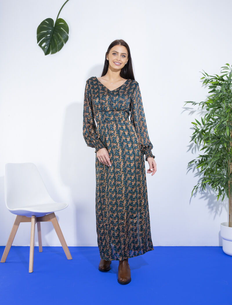 Robe longue à taille marquée imprimé cachemire - vert - 1