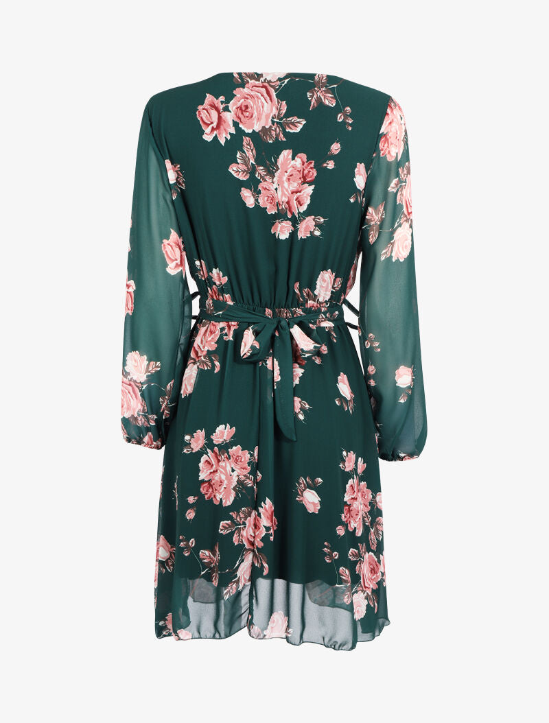 Robe fleurie à ceinture intégrée - vert foncé - 2