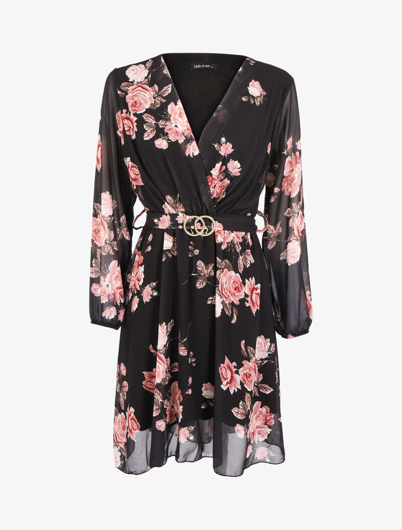 Robe fleurie à ceinture intégrée - noir - 3