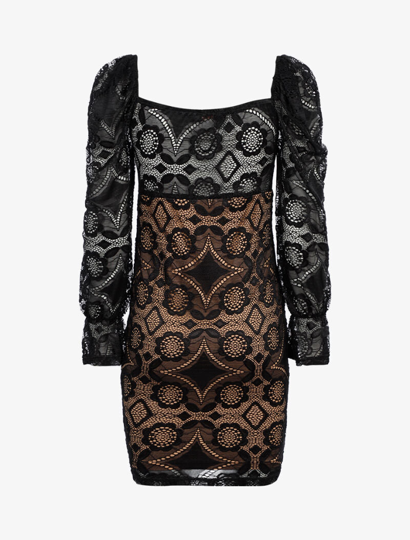 Robe en broderie fleurie - noir/camel - 2