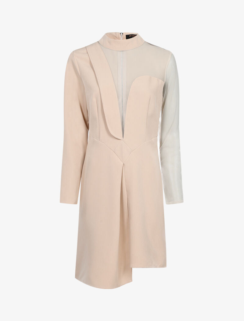 Robe asymétrique bi matière - beige - 3