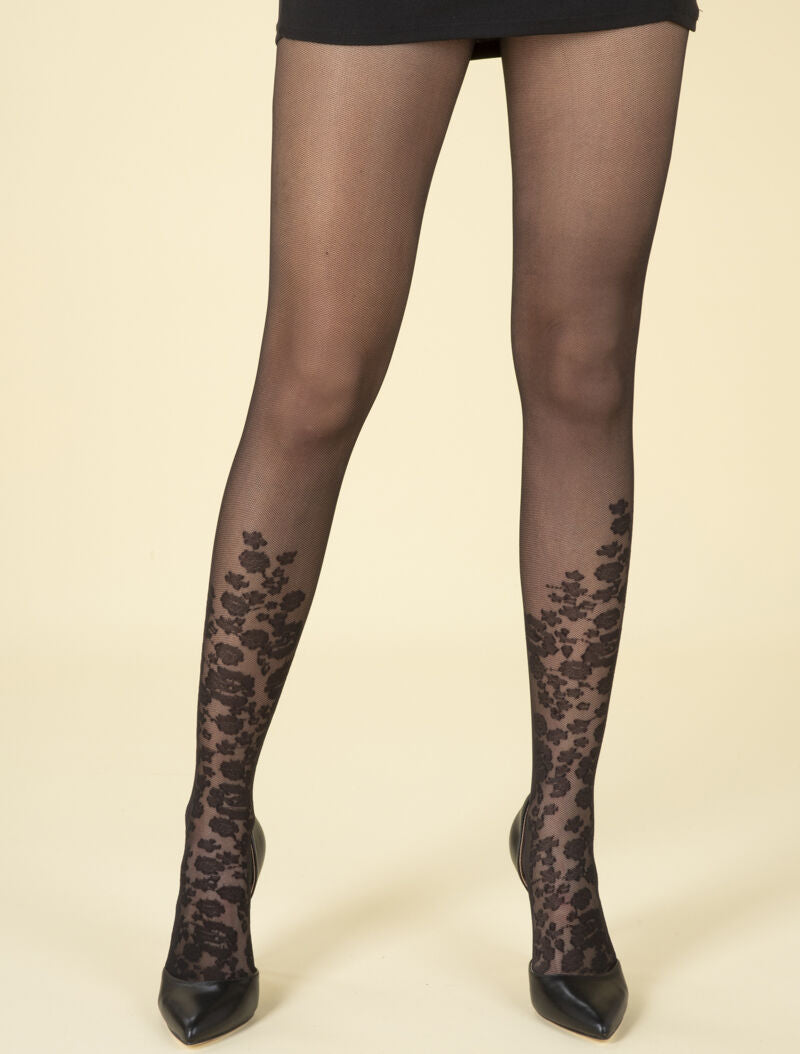 Collants à pieds motifs fleuri - noir - 1