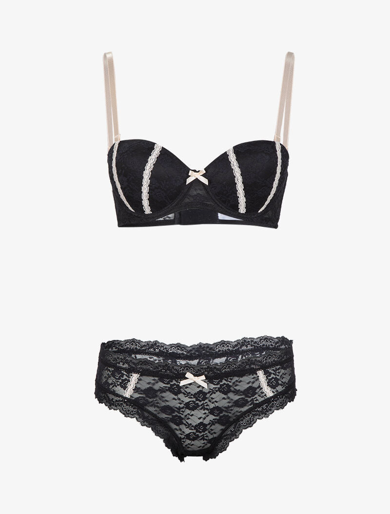 Ensemble emboitant en dentelle à bandes contrastantes - noir - 1