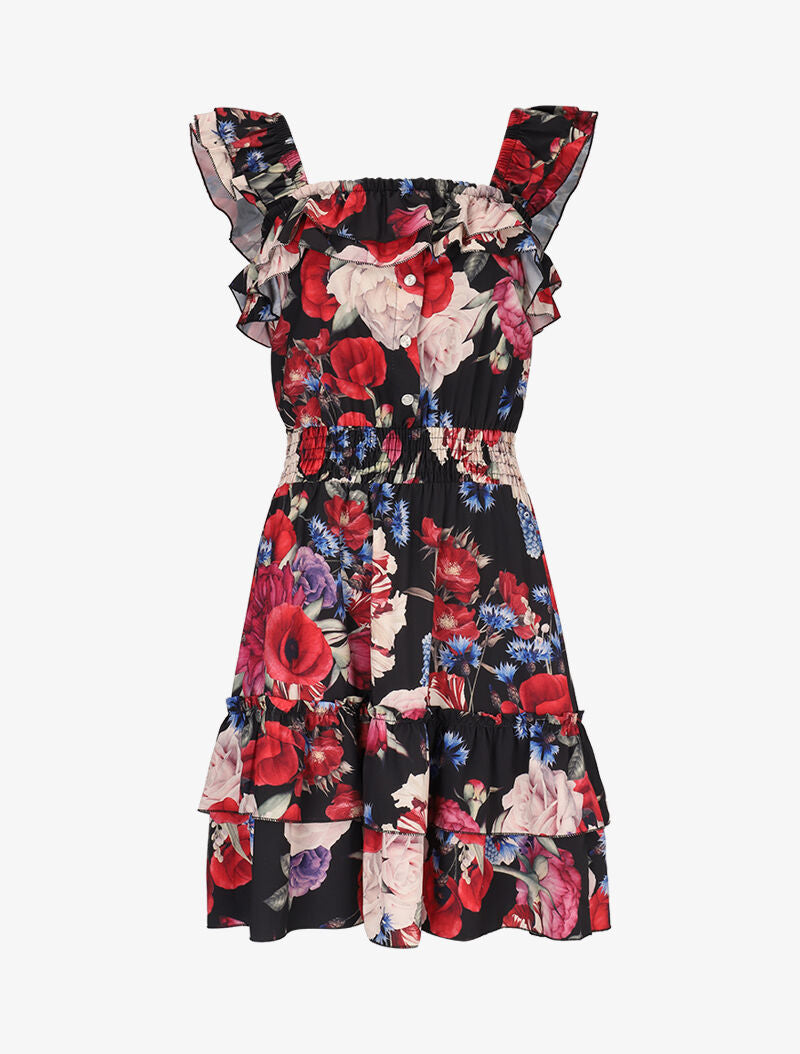 Robe fleurie à bretelles volantées - noir - 3