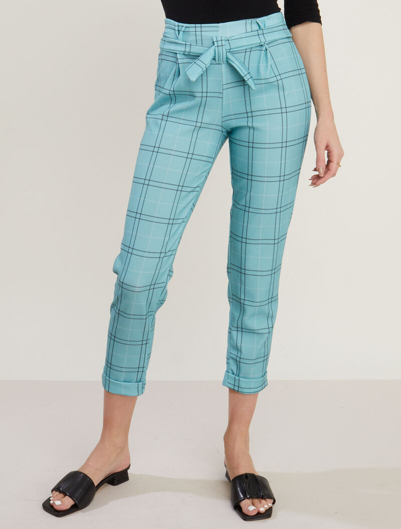 Pantalon 7/8 à imprimé tartan - turquoise