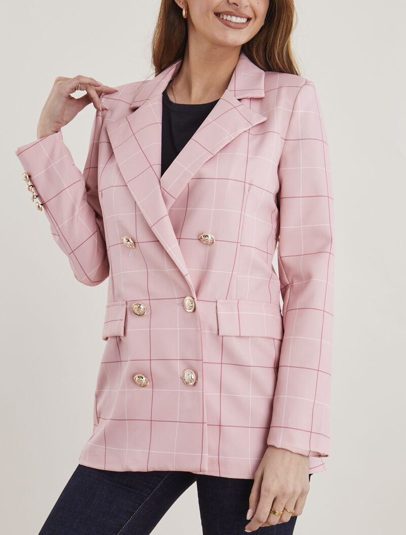 Blazer long à grands carreaux - rose - 4
