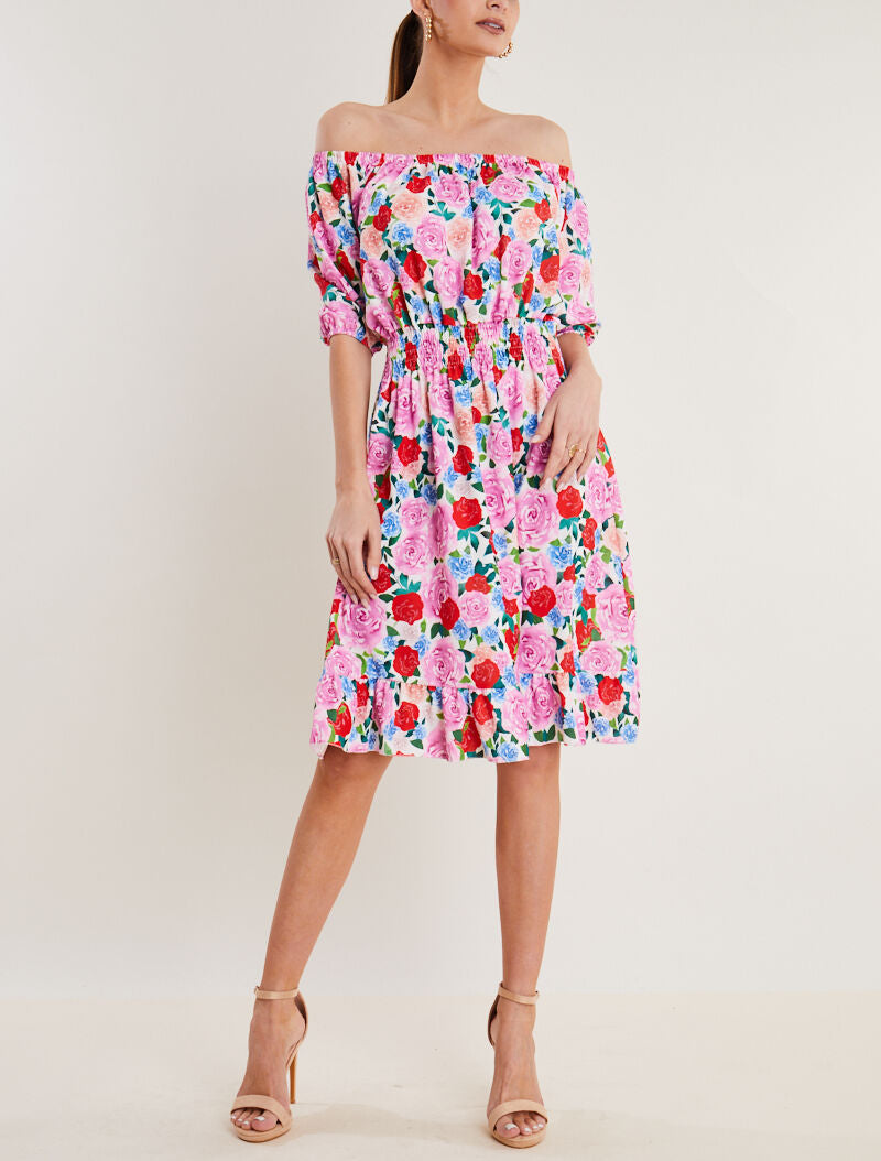 Robe imprimée à col bardot - ecru - 4