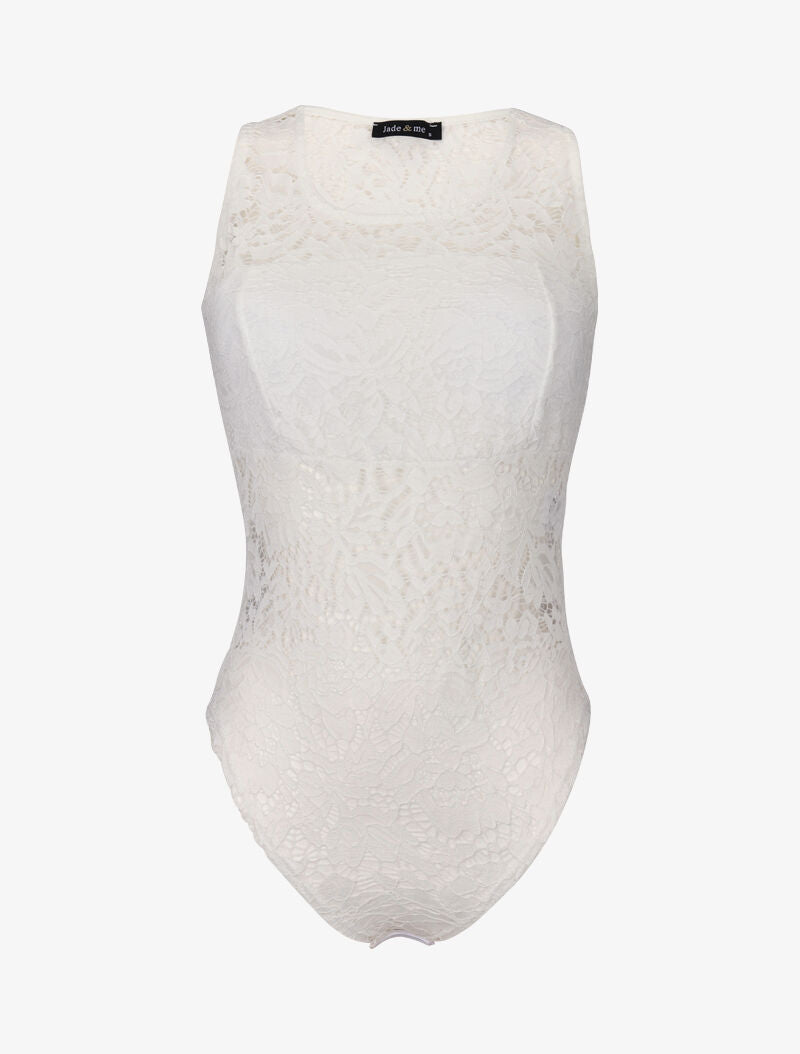 Body à bande opaque dentelle ajourée - blanc - 1