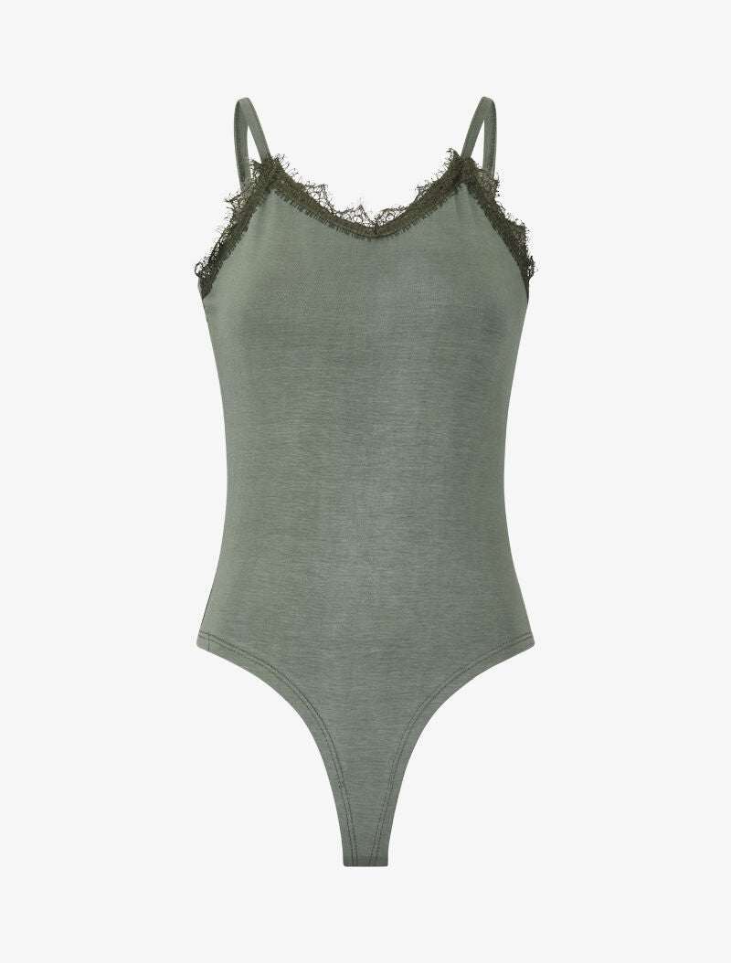 Body basique à col V dentelle - kaki - 2