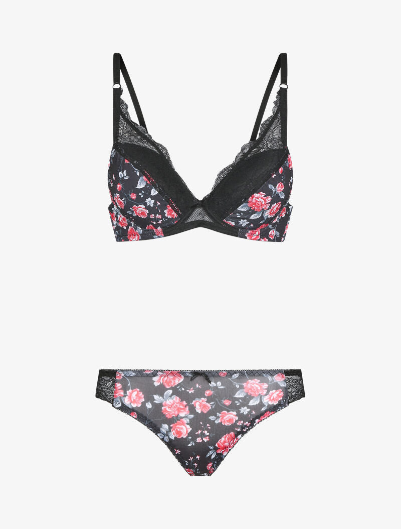 Ensemble imprimé fleurs et dentelle - noir - 1