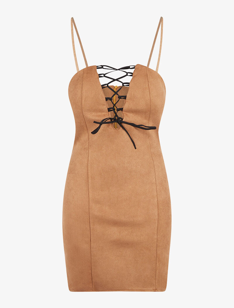 Robe daim buste lacer - camel - 4