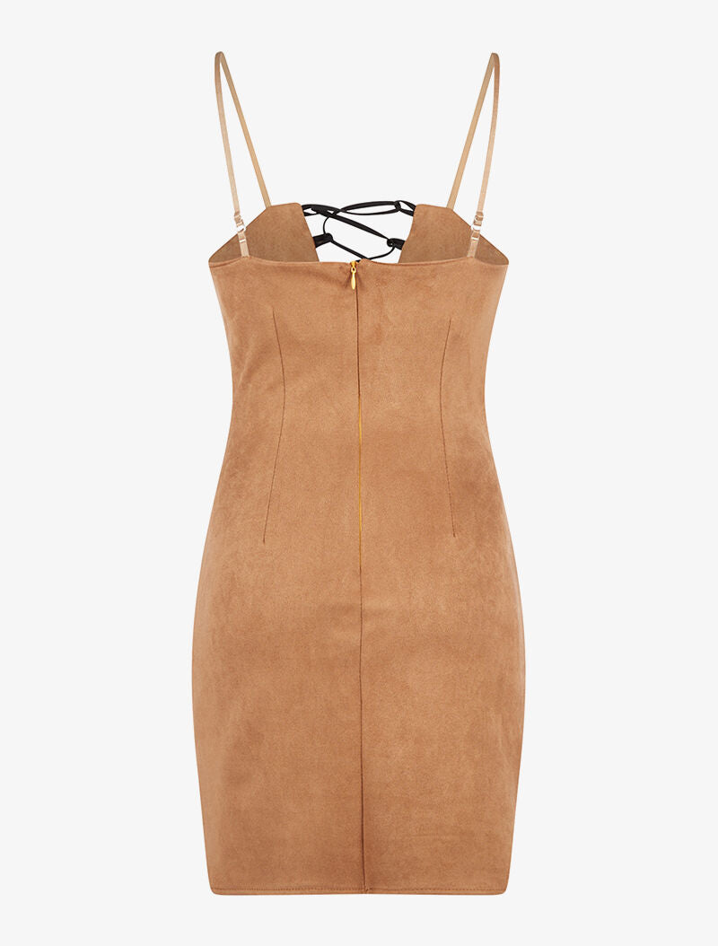 Robe daim buste lacer - camel - 5