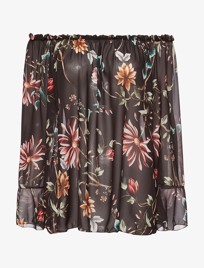 Blouse imprimée col élastiqué - noir - 1