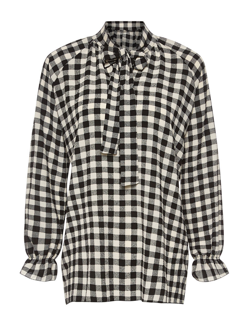 Blouse à carreaux col à nouer - noir - 1