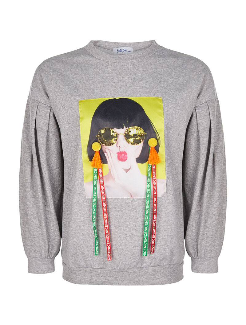 Sweat imprimé manches bouffantes - gris chiné - 1