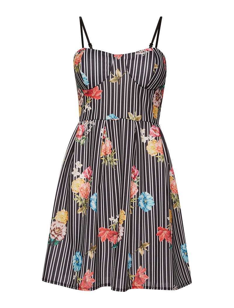 Robe imprimée rayures et fleurs - noir/blanc - 6