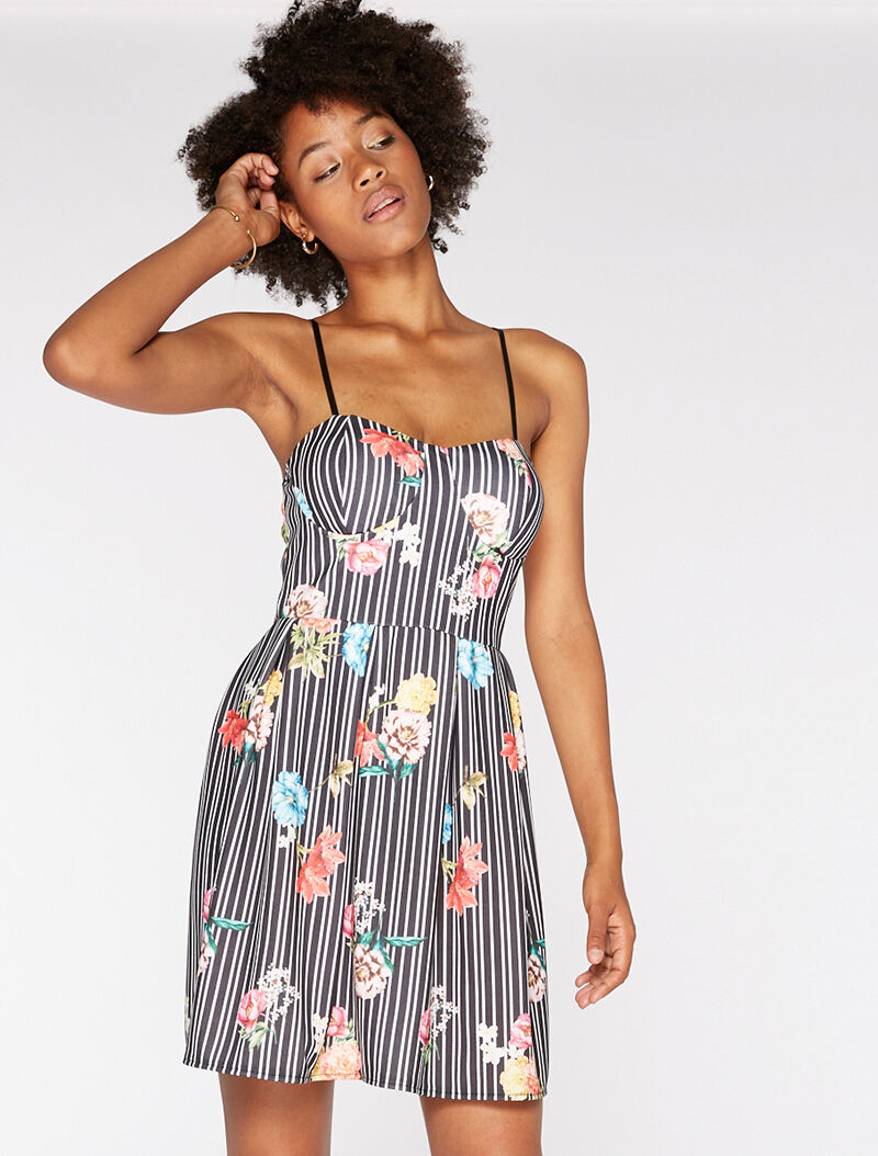 Robe imprimée rayures et fleurs - noir/blanc - 4