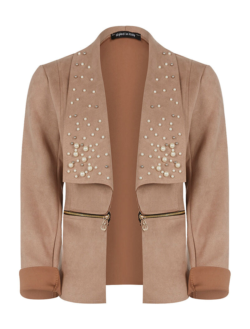 Veste revers de col perlé - beige - 1