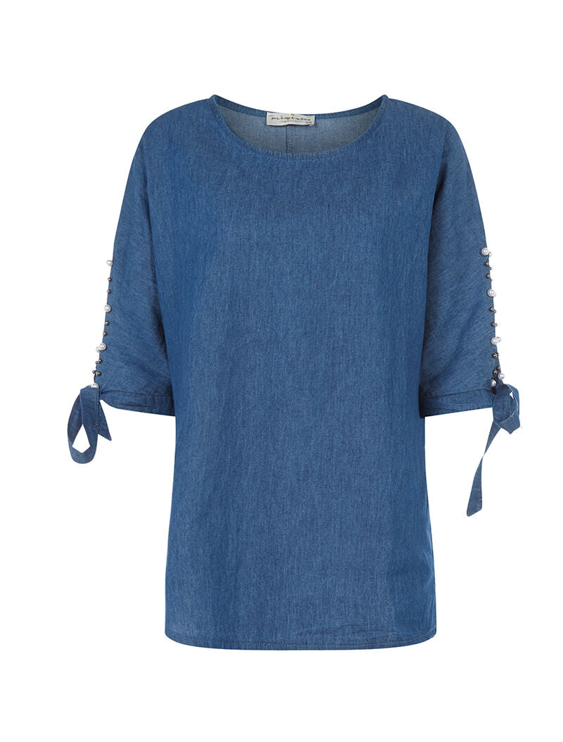 Tunique denim manches perlées - denim - 1