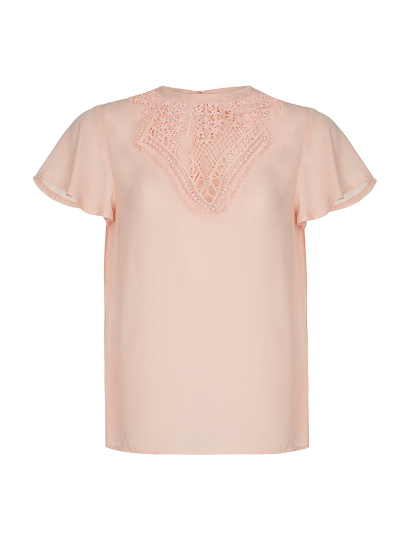 Top voile plastron dentelle - rose - 3