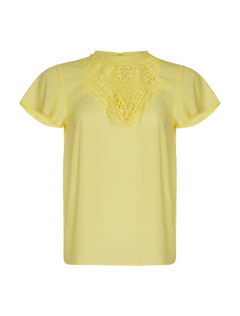 Top voile plastron dentelle - jaune - 3