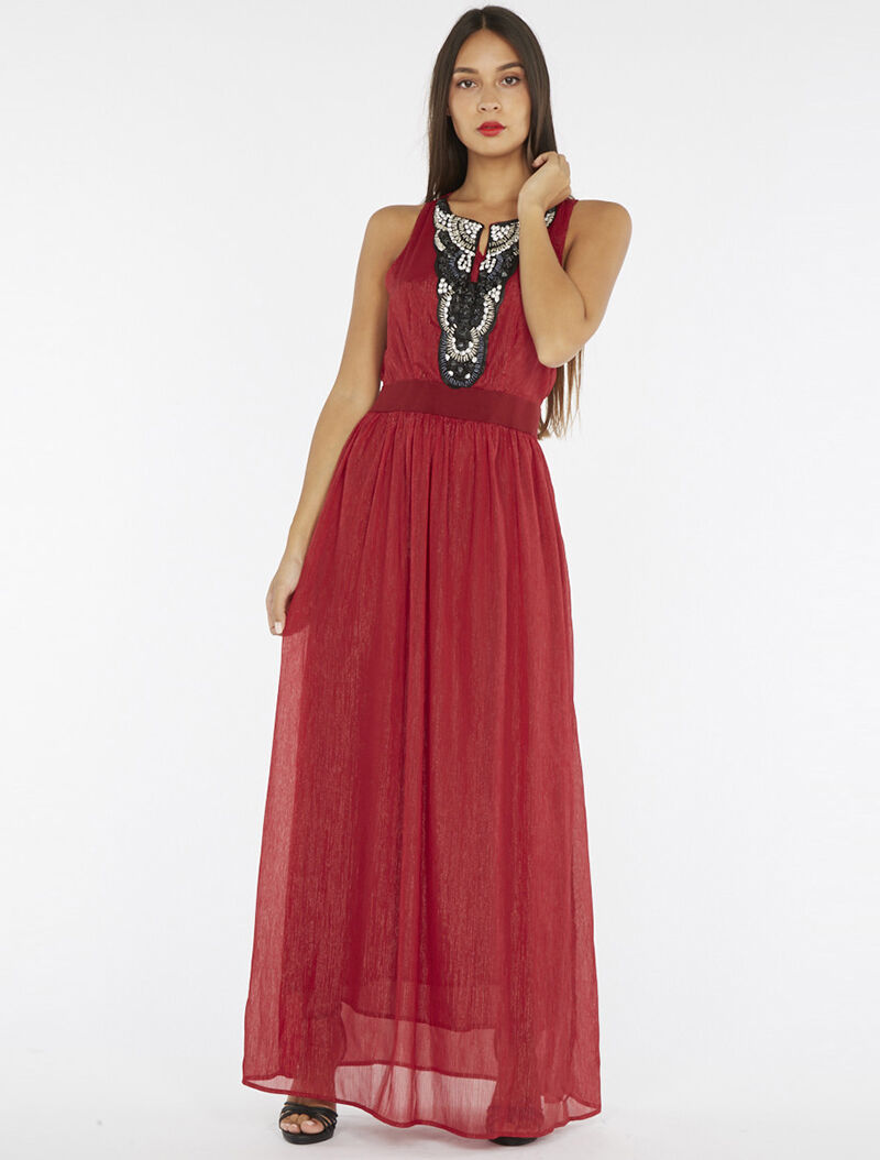 Robe longue plastron bijoux - bordeaux - 3