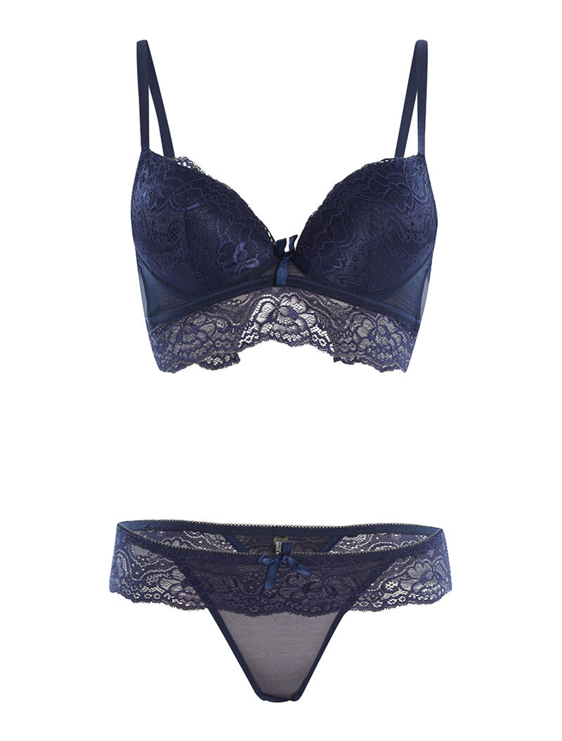 Ensemble SG et string à bord dentelle - marine - 1