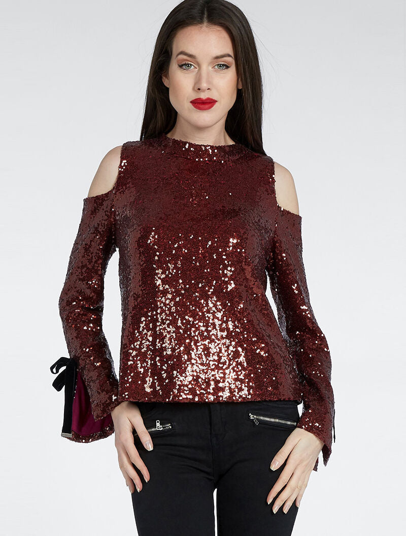 Top à sequins épaules dénudées - bordeaux - 1
