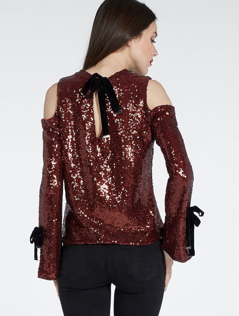 Top à sequins épaules dénudées - bordeaux - 2