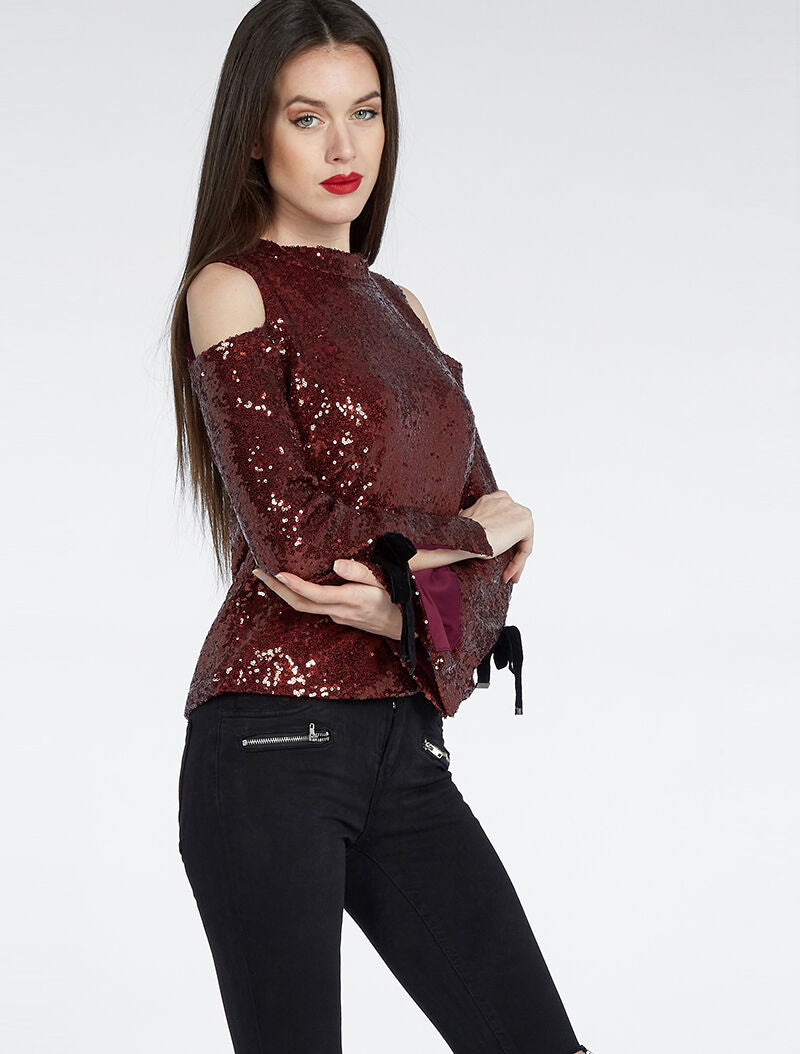 Top à sequins épaules dénudées - bordeaux - 3