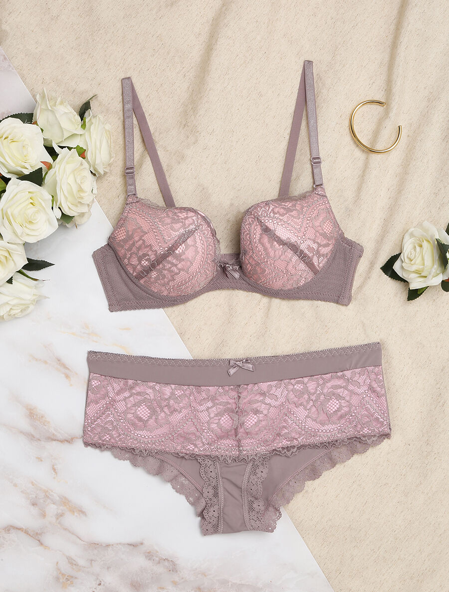 Ensemble en dentelle à liens - Gris/rose - 1