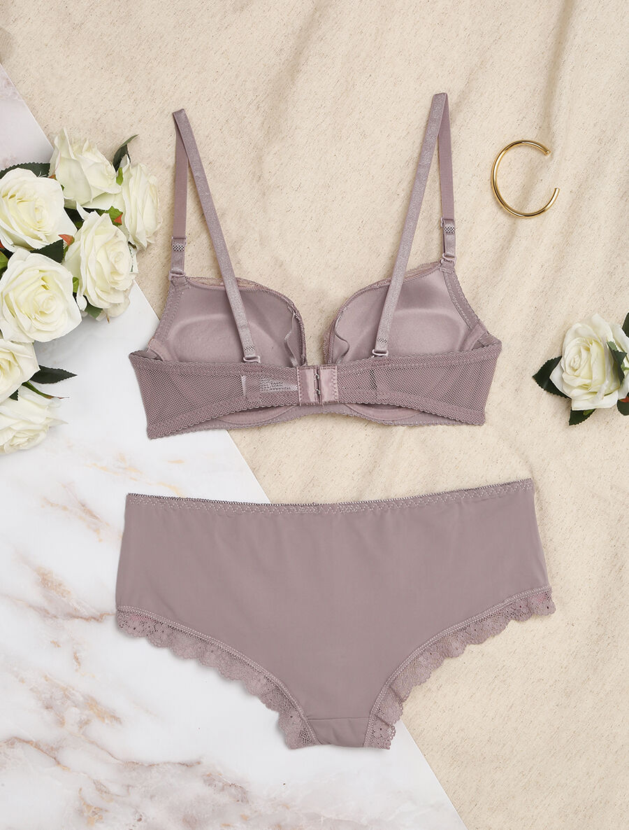 Ensemble en dentelle à liens - Gris/rose - 2