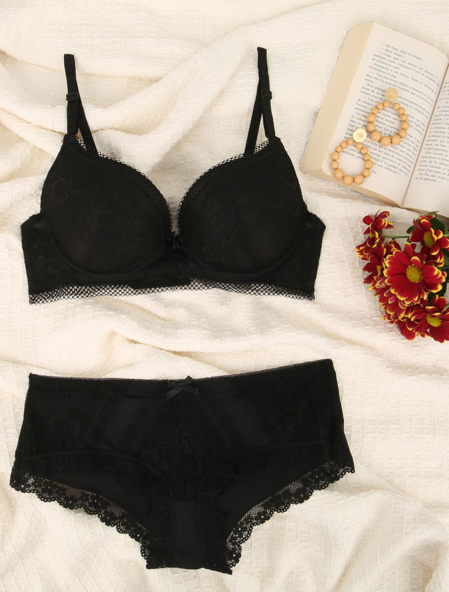 Ensemble en dentelle à motifs fleurs - Noir - 1