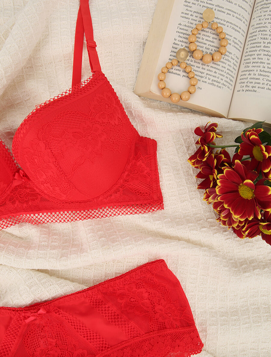 Ensemble en dentelle à motifs fleurs - Rouge - 3