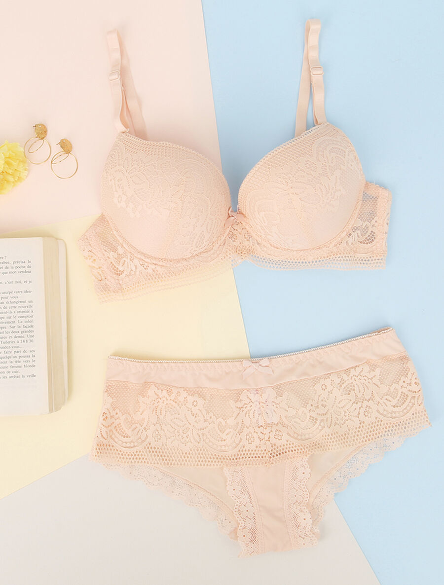 Ensemble en dentelle fleurie - Beige - 1