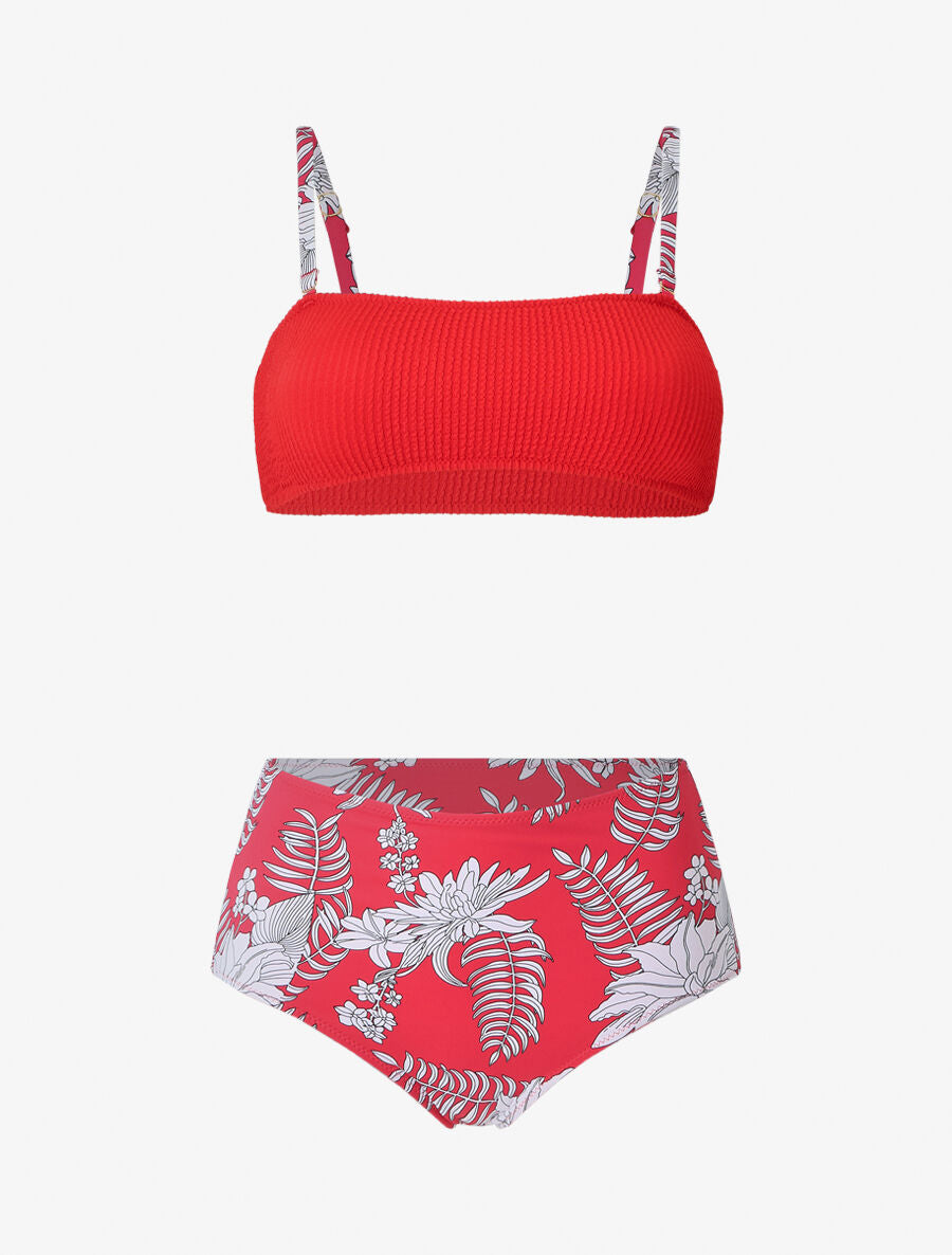 Bikini à brassière bi-matière - Rouge - 1