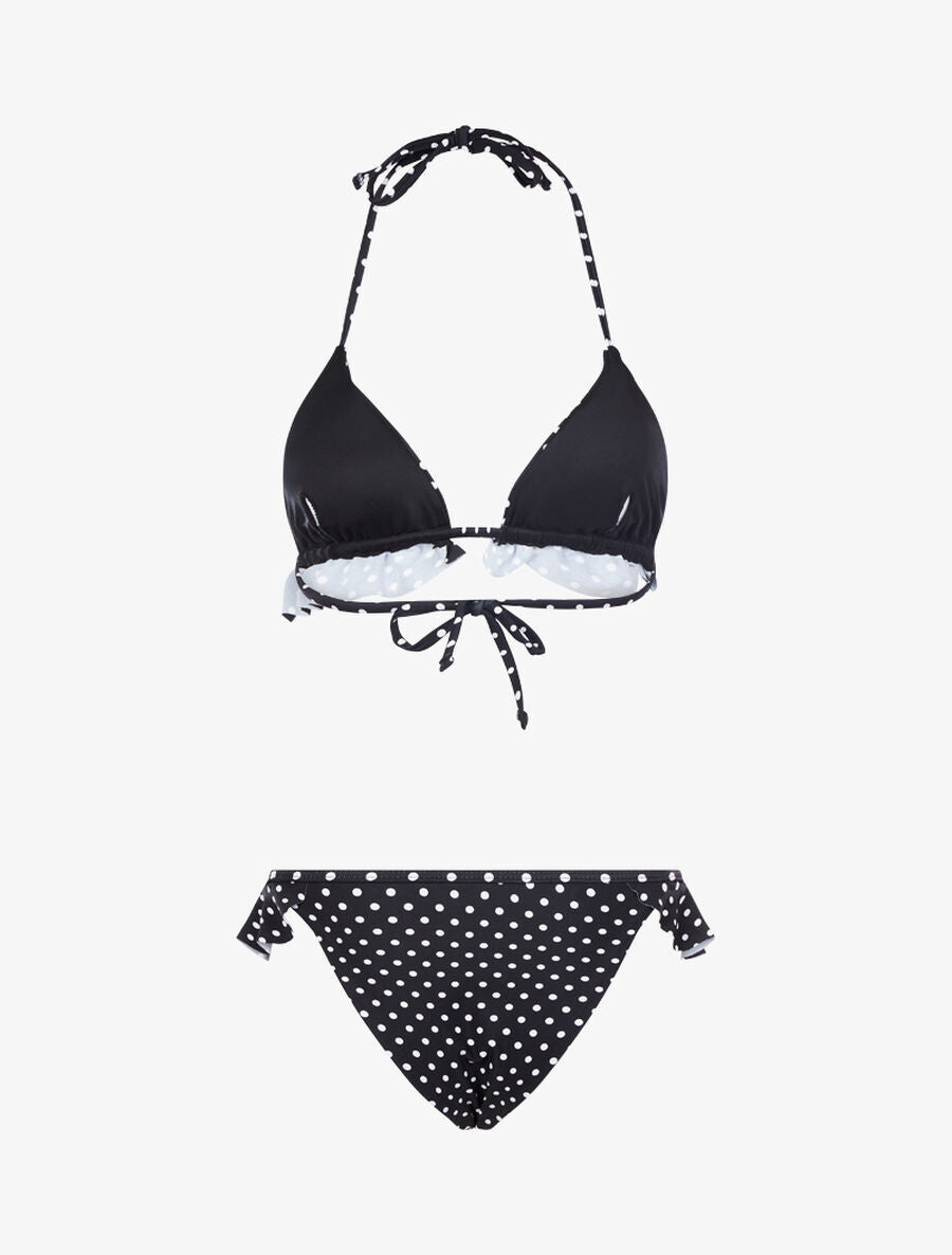 Bikini triangle à pois et volants - Noir - 2
