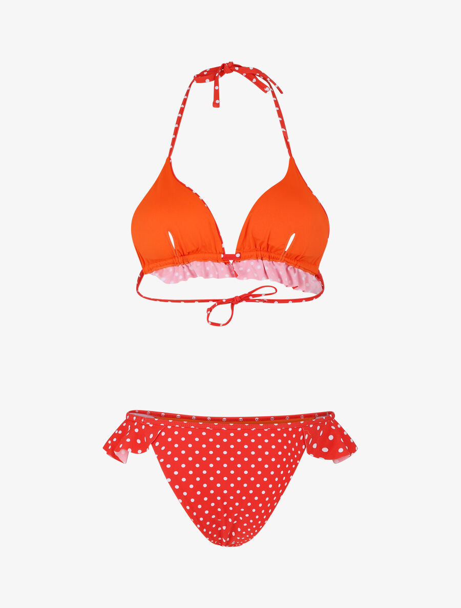 Bikini triangle à pois et volants - Rouge - 2